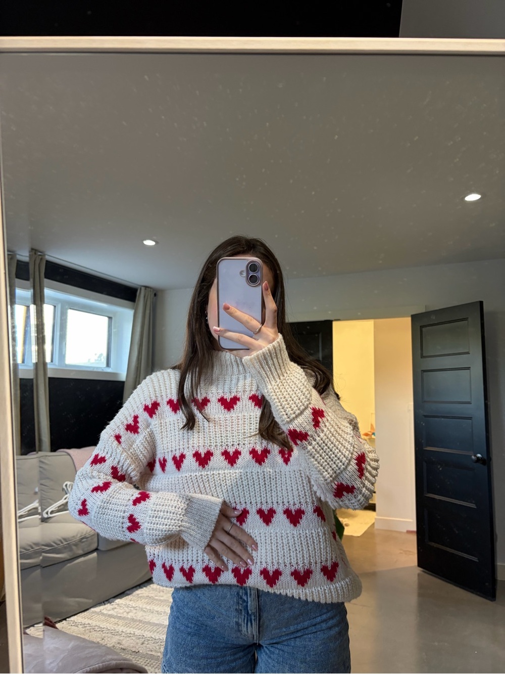 Cozy Cream Sweater with Red Heart Pattern